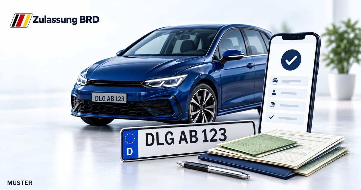 Online Fahrzeugzulassung in Landkreis Dillingen a.d. Donau: Musterkennzeichen DLG AB 123, Auto und Fahrzeugpapiere und Smartphone. Illustration mit Logo von Zulassung BRD.